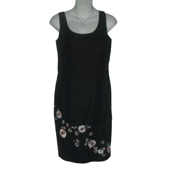 Jade By Melody Tam Dress Sheath Linen Navy Applique Flowers Coastal Grandmother - Picture 1 of 12